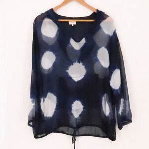 Rozae RN Silk Tie Dye Hooded Blouse Top Womens Size S Blue Sheer Boho Beachy